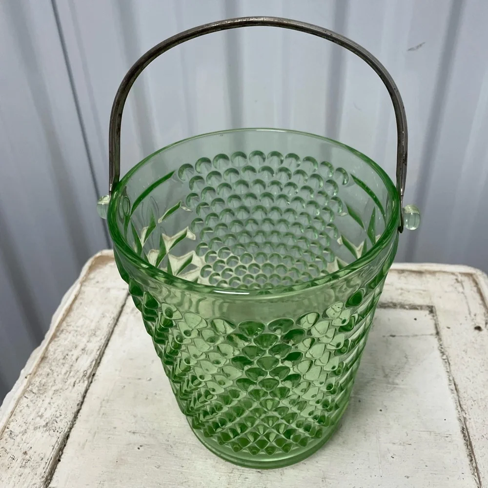 Very Rare Vintage Depression Uranium Glass Liberty Works Green Ice Bucket